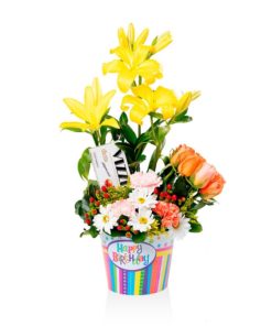 Arreglo floral + Chocolates con tacho temático