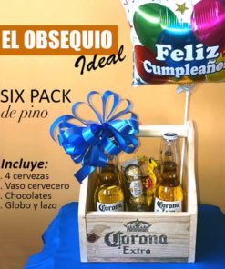 Six Pack de Madera con cervezas, dulces y decoración